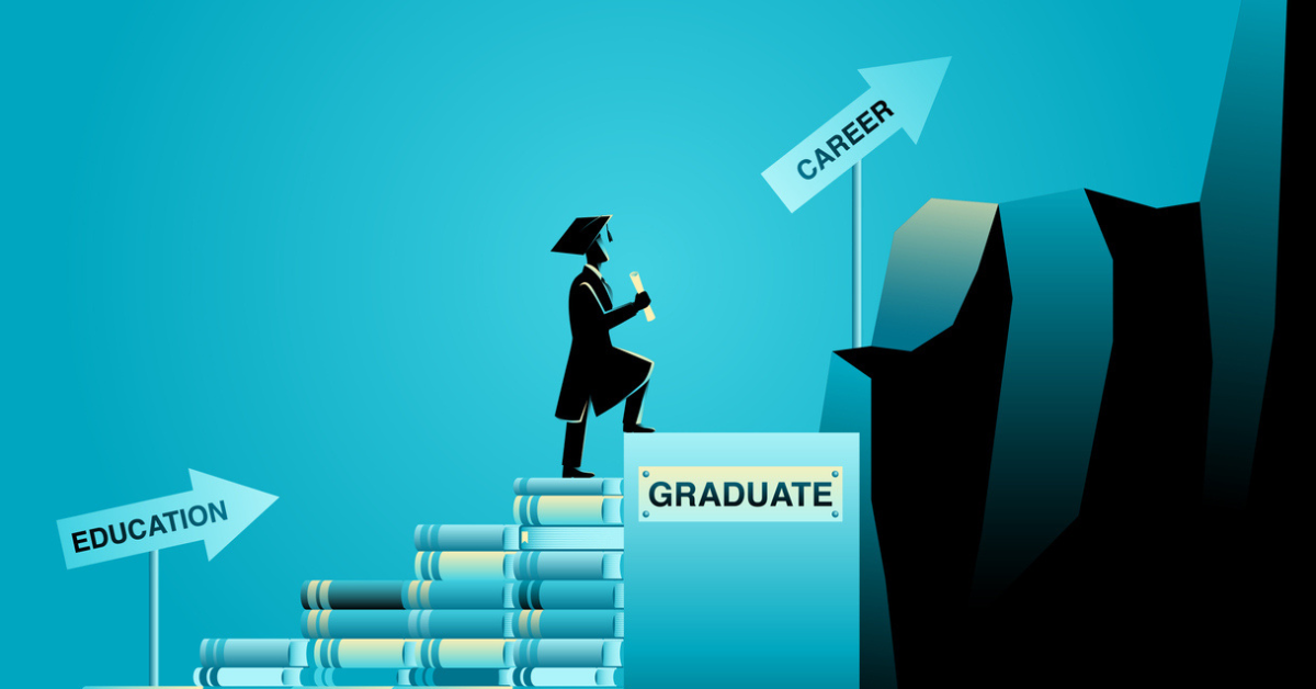 Illustration of a student wearing toga climbing stairs made from books
