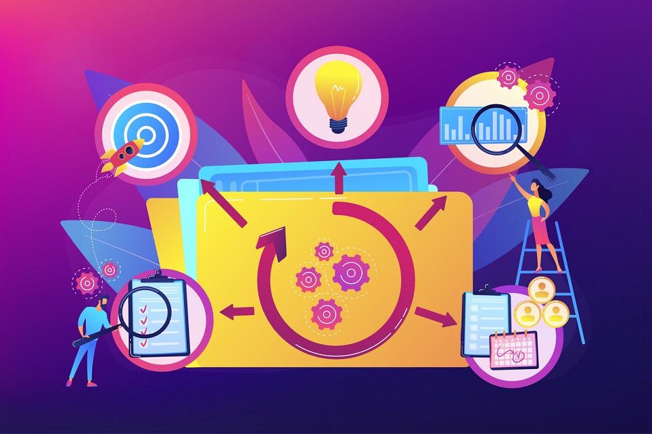 KPI and task management. Workflow optimization. Project life cycle, successful project management, stages of project completion concept. Bright vibrant violet vector isolated illustration.