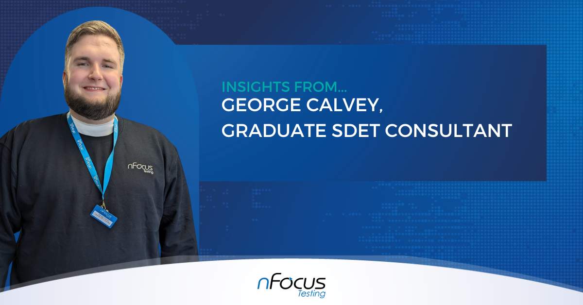 George Calvey, nFocus graduate SDET consultant, beaming in his branded sweatshirt.