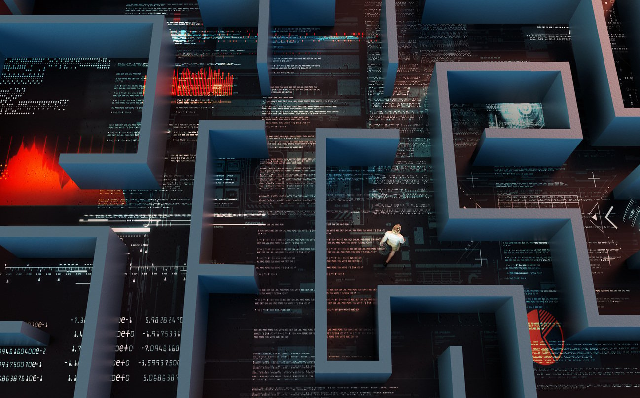 Man walking through a labyrinth with code and graphs on the ground.